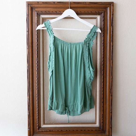 Versona Top Sz L Sage Green Sleeveless Ruffles Drawstring Tie Front - Picture 1 of 4